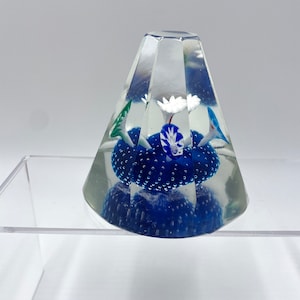 Vintage Handblown Faceted Pyramid Murano Trumpet Multicolored Flowers on Blue Controlled Bubble Base Paperweight