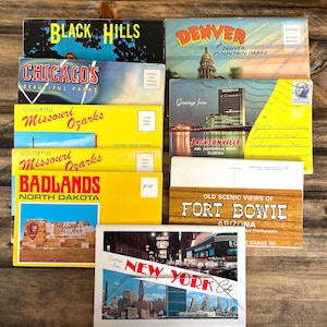 9 Vintage Souvenir PostkartenOrdner - Denver, Chicago, Jacksonville, Fort Bowie, New York, Black Hills, Badlands & Ozarks