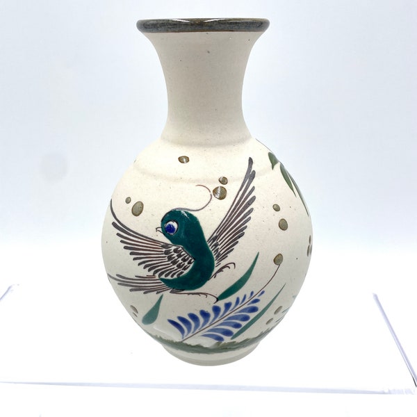Vintage Mexican Tonala  Elaborately Hand Painted Pottery Vase with Bird and Floral/Tree Design