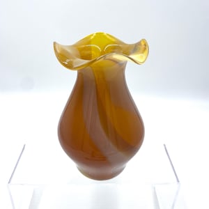Vintage Handblown Art Glass Brown Swirl Ruffled Vase
