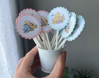 Classic Winnie the Pooh Gender Reveal Cupcake Toppers, Winnie the Pooh Baby Shower Party Decor, Winnie Theme Cupcake Toppers, Set of 12