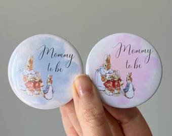 Girl Peter Rabbit Mommy to Be Baby Shower Pins, Daddy to be Badge, Beatrix Potter Theme, Gender Reveal, Beige Buttons, Party Gift Favors