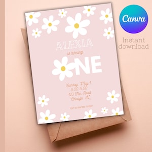 Retro Daisy First Birthday Invitation, Editable Template (Digital Download)