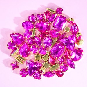 Love Letter Gold Claw Setting Bank Vault Gems - Hot Pink Multi-Size Glass Sew-On Rhinestones - 10pcs OR 50pcs - Up to 18mm in Size