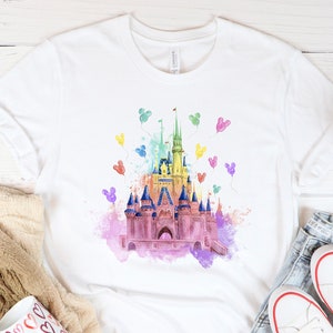 Colorful Watercolor Castle and Mickey Balloons Shirt, Disney Shirt For Adult or Kids, Family Vacation Shirt For Disneyland, Disneyworld