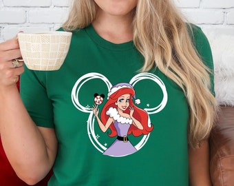 Camisa de Navidad de princesas de Disney, camisas de Navidad de Ariel, camisa de Ariel de Disney, camisa de Sirenita, camisa de Disneyland, camisa del Reino Mágico