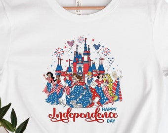 Camisa del Día de la Independencia Feliz de la Princesa de Disney, Camisa del 4 de julio de la Libertad de la Bandera de los Estados Unidos del Castillo de Disney, Camisa Patriótica de la Familia Disney, Globo de Disney