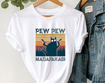 Pew Pew Madafakas Cat T-Shirt - Funny Vintage Sunset Shirt