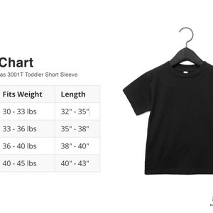 May include: Size chart for Bella + Canvas 3001T Toddler Short Sleeve t-shirts. The chart shows sizes 2T through 5T with corresponding weight and length measurements in inches.