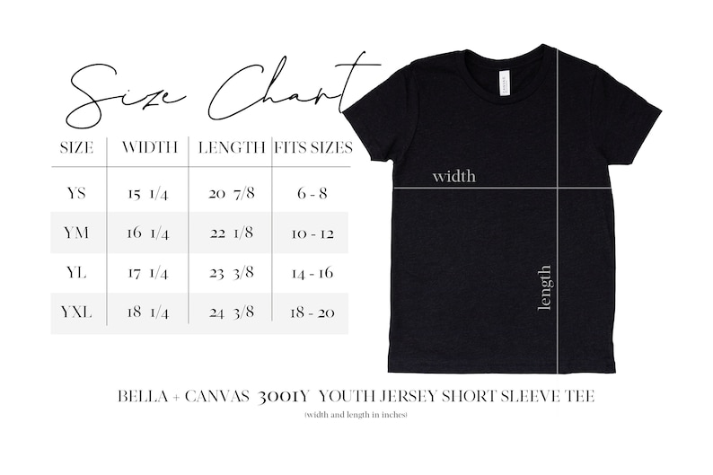 May include: Size chart for youth jersey short sleeve tee, Bella + Canvas 3001Y.  Sizes range from YS to YXL, with width and length measurements in inches.