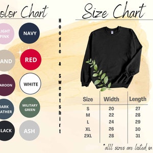 Może przedstawiać: Tabela rozmiar&oacute;w dla bluzy z kapturem i bluzy z pomiarami w calach. Tabela pokazuje szerokość i długość odzieży w rozmiarach S, M, L, XL i 2XL. Karta kolor&oacute;w przedstawia 10 r&oacute;żnych kolor&oacute;w: jasnor&oacute;żowy, granatowy, piaskowy, czerwony, bordowy, biały, ciemnoszary melanż, zielony wojskowy, czarny i szary.