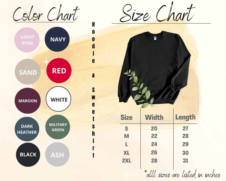 Może przedstawiać: Tabela rozmiar&oacute;w dla bluzy z kapturem i bluzy z pomiarami w calach. Tabela pokazuje szerokość i długość odzieży w rozmiarach S, M, L, XL i 2XL. Karta kolor&oacute;w przedstawia 10 r&oacute;żnych kolor&oacute;w: jasnor&oacute;żowy, granatowy, piaskowy, czerwony, bordowy, biały, ciemnoszary melanż, zielony wojskowy, czarny i szary.