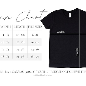 May include: Size chart for youth jersey short sleeve tee, Bella + Canvas 3001Y.  Sizes range from YS to YXL, with width and length measurements in inches.