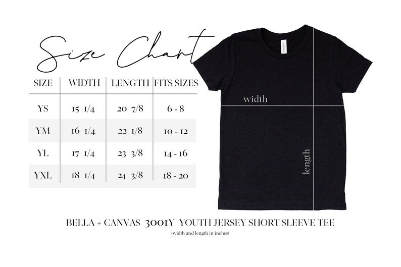May include: Size chart for youth jersey short sleeve tee, Bella + Canvas 3001Y.  Sizes range from YS to YXL, with width and length measurements in inches.