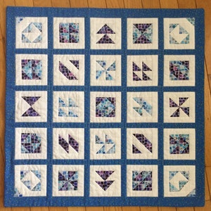 May include: A blue and white quilt with a patchwork design. Each square features a different geometric pattern made from small fabric squares. The quilt is bordered with a blue fabric with white polka dots.