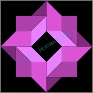 May include: A purple and pink geometric design with a black center. The design is made up of overlapping squares and triangles.