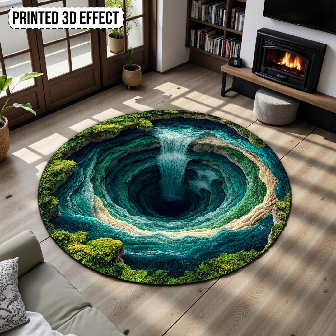 Round 3D Waterfall Illusion Area Rug, Printed 3D Effect Nature Sinkhole ...
