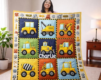 Custom Construction Vehicles Quilted Blanket, Truck Theme Cozy Throw, Boy Gift, Nursery Room Decor, Excavator Kids Blanket, Gift For Kids