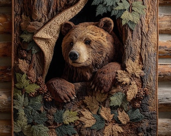 Bear Quilted Blanket, Cute Woodland Vintage Home Decor, Funny Cozy Sofa Couch Blanket, Bear Lover Gift, Animal Lover Gifts