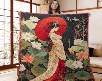 Personalized Oriental Geisha Quilt Blanket, Lotus Flower Japanese Art Decor, Asian Home Decor, Japan Lover Gift, Birthday Gift For Women
