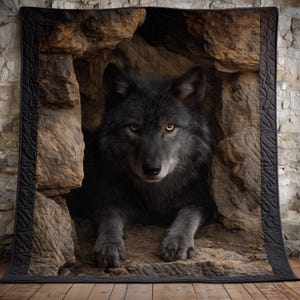 May include: A black wolf with amber eyes rests in a rocky den, featured on a black quilted blanket. The wolf's fur is detailed, and the blanket has a decorative border. The image is set against a backdrop of a brick wall and wooden floor.