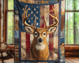 Manta acolchada con diseño de caza de ciervos, decoración vintage para el hogar con temática de bosque, manta acogedora para sofá o sillón, regalo para amantes de la caza, manta de regalo para cazadores