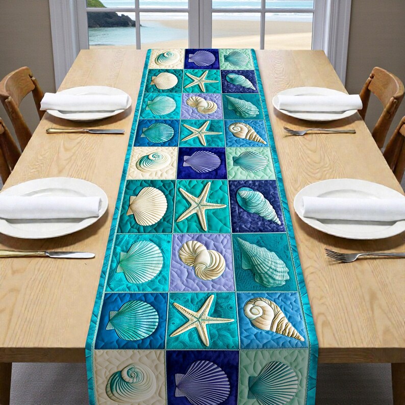 Runner Seashell Ocean Theme Table Runner, Seashell Table Runner, Beach Coastal Home ...