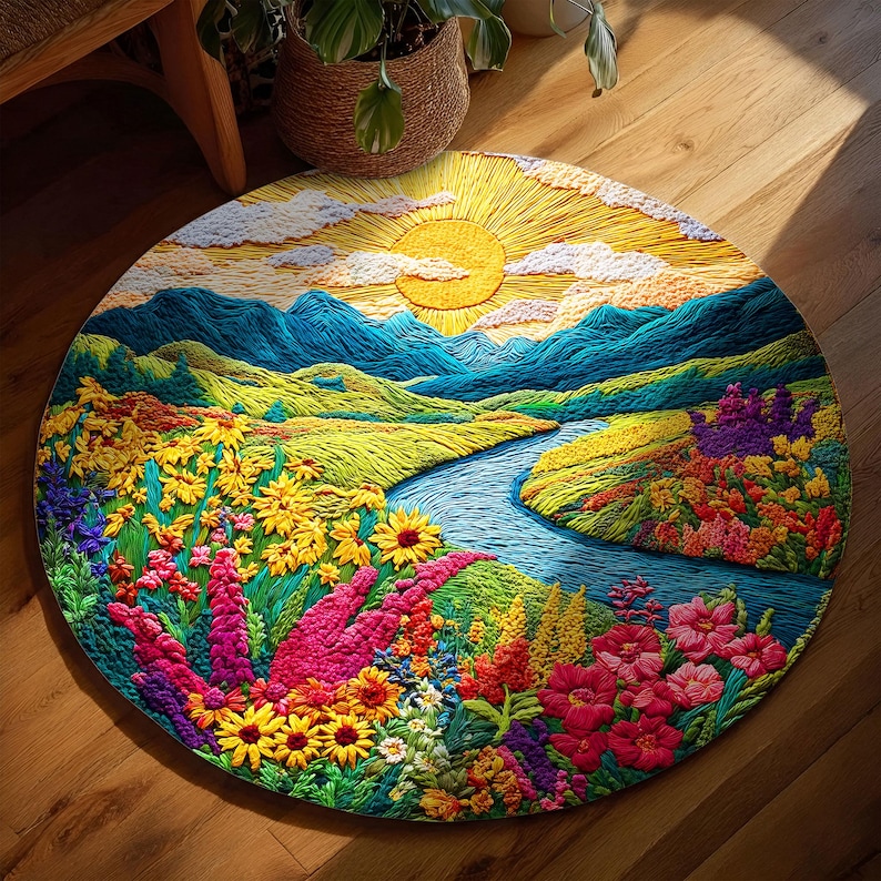 River Rug Custom Nature Landscape Round Rug, Mountain River Flower Field Carpet ...