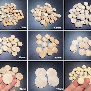 Puede incluir: Un conjunto de discos de madera de varios tamaños, que van desde 10 mm hasta 40 mm. Los discos, de color marrón claro, están dispuestos en grupos, con el tamaño de cada grupo etiquetado. Los discos lisos y redondos son adecuados para manualidades o juegos.