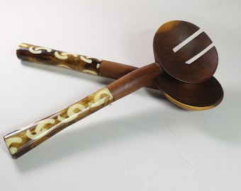 Hand Carved Wooden Salad Servers with Decorated Handle