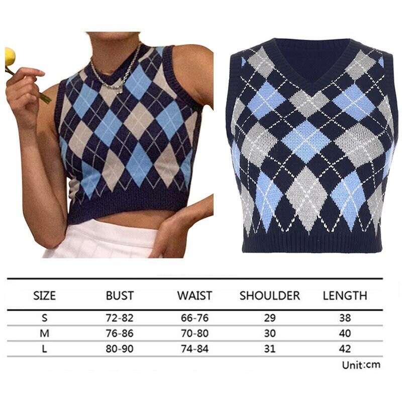 Cute Sweater Vest Women Black Sleeveless Plaid Knitted Crop Etsy