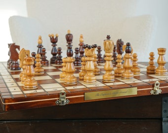 Gepersonaliseerde houten schaakset, bord 17,7 inch, inclusief schaakstukken