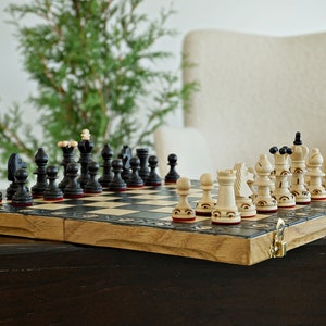 Gepersonaliseerde houten schaakset 35 cm (14"), gratis personalisatie, perfect kerstcadeau, gratis expresverzending
