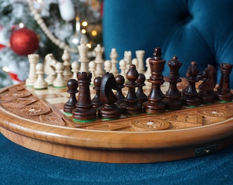 Personalized Hand-Carved Round Wooden Chess Set – Unique Artisan Board Game 13,5" (34 cm)