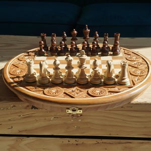 Personalized Hand-Carved Round Wooden Chess Set – Unique Artisan Board Game 13,5&quot; (34 cm)