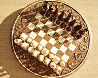 Personalized Round Wooden Chess Set 13,5", Perfect Birthday Gift, Free Express Shipping