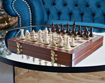 Gepersonaliseerde houten toernooischaakset 35 cm (14 in) – handgemaakt met gravure