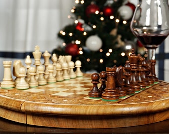 Personalized Round Wooden Chess Set 13,5"(35 cm), Perfect Birthday Gift, Free Express Shipping