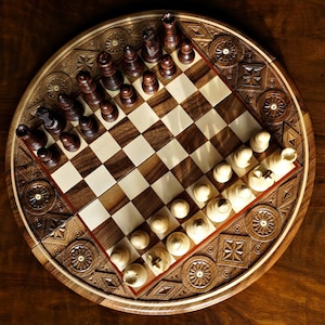 Personalized Hand-Carved Round Wooden Chess Set – Unique Artisan Board Game 13,5" (34 cm)