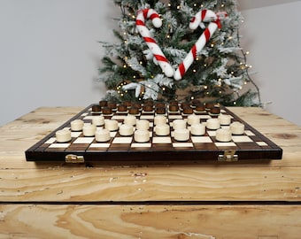 Gepersonaliseerde houten dambordset – handgemaakt opvouwbaar bordspel 40 cm (16")