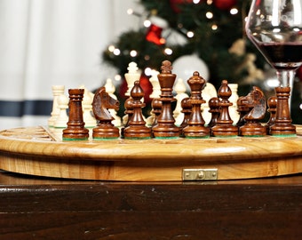 Personalized Round Wooden Chess Set 13,5", Perfect Birthday Gift, Free Express Shipping