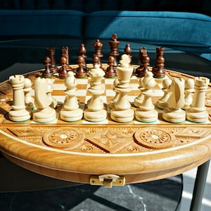 Personalized Hand-Carved Round Wooden Chess Set – Unique Artisan Board Game 13,5&quot; (34 cm)
