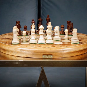 Personalized Hand-Carved Round Wooden Chess Set – Unique Artisan Board Game 13,5&quot; (34 cm)