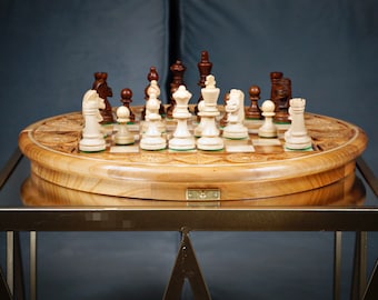 Personalized Round Wooden Chess Set 13,5", Perfect Birthday Gift, Free Express Shipping