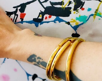Chunky Brass Bangle Bracelet with Tricolor Studs