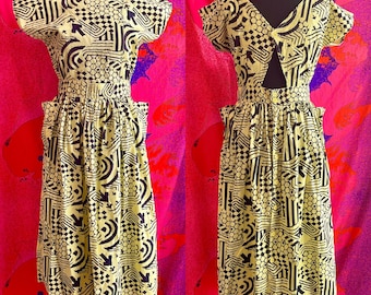 Vintage 1980s lemon & black abstract print open back cotton summer day dress