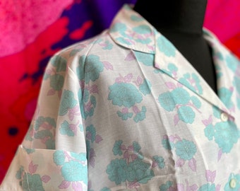 Vintage 1970s cotton turquoise & fuchsia floral shirt
