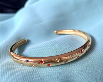 Rainbow star studded chunky golden brass bangle bracelet