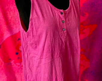 Vintage 1980s Henley style longline tank top vest bright pink