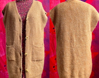Vintage camel knit longline cardigan waistcoat with front pockets